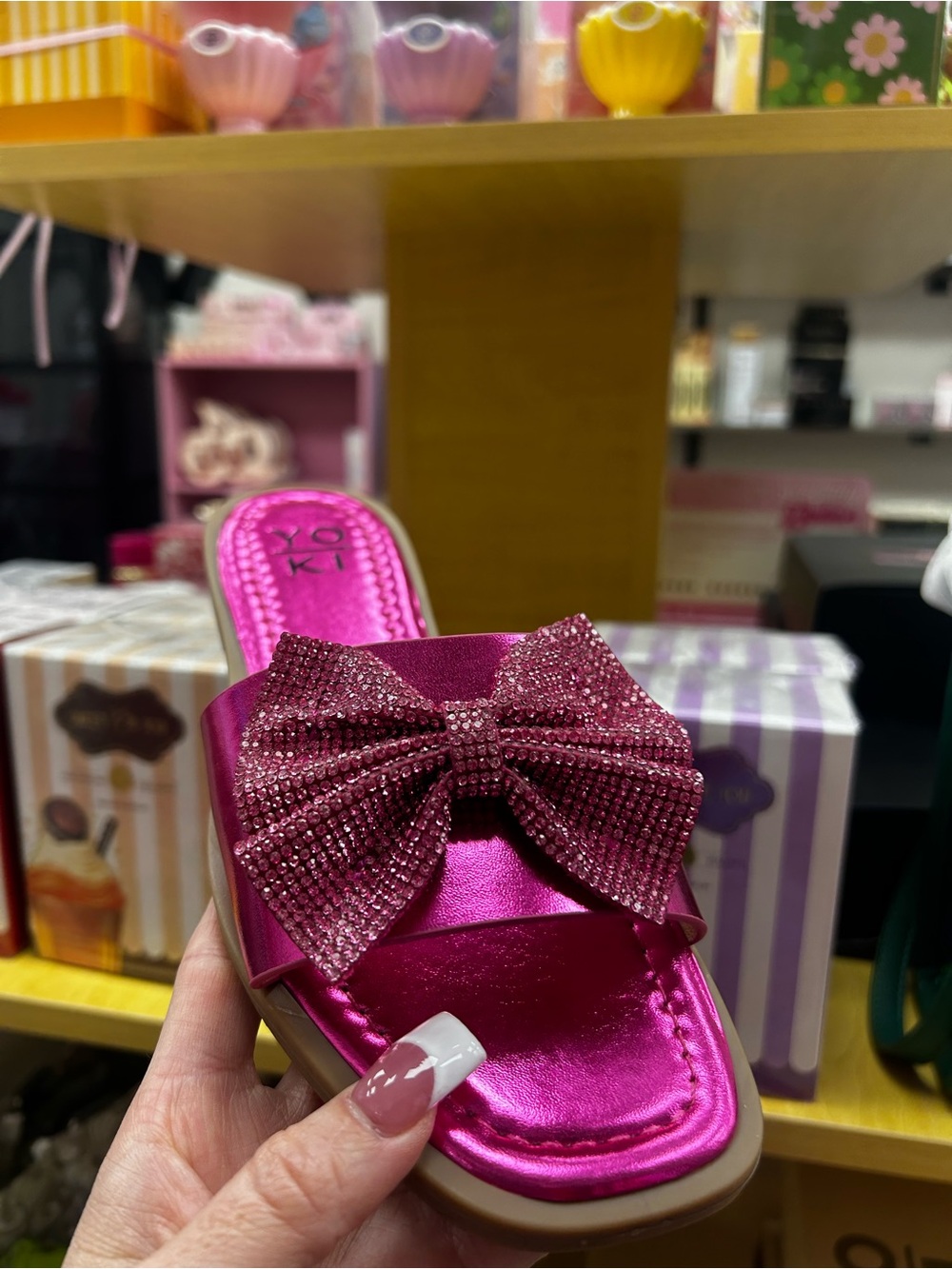 Yoki women’s Metallic Hot Pink Bow Slide Sandals